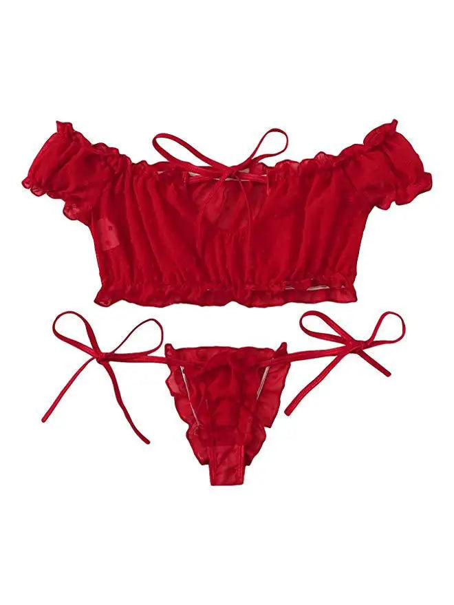 Damen Mädchen Süß Sexy Dessous Bikini Set Kurzarm schulterfrei Schnürung Zweiteiler Anzüge Badeanzüge Strandbekleidung Bademode