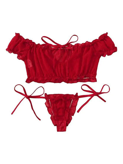 Damen Mädchen Süß Sexy Dessous Bikini Set Kurzarm schulterfrei Schnürung Zweiteiler Anzüge Badeanzüge Strandbekleidung Bademode