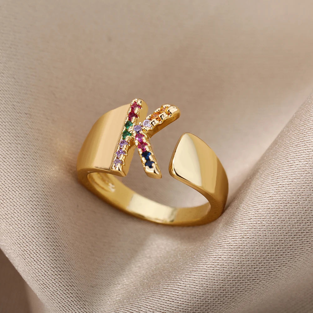 Anelli con lettera zircone arcobaleno per le donne Moda grosso lettera larga AZ anello in acciaio inossidabile matrimonio gioielli Boho spedizione gratuita