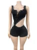 F1429-2026 Sommerkleidung Damen Jumpsuits Ösen Aushöhlen Schwarz Bodycon Jumpsuit Shorts Weiblich