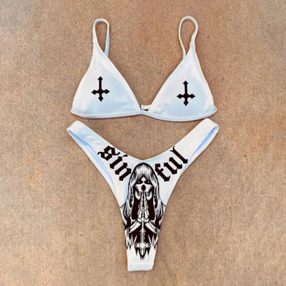 Ensemble bikini imprimé lettres gothiques punk, maillot de bain sexy 2023 pour femmes, motif tête de mort, col en V, maillot de bain tendance