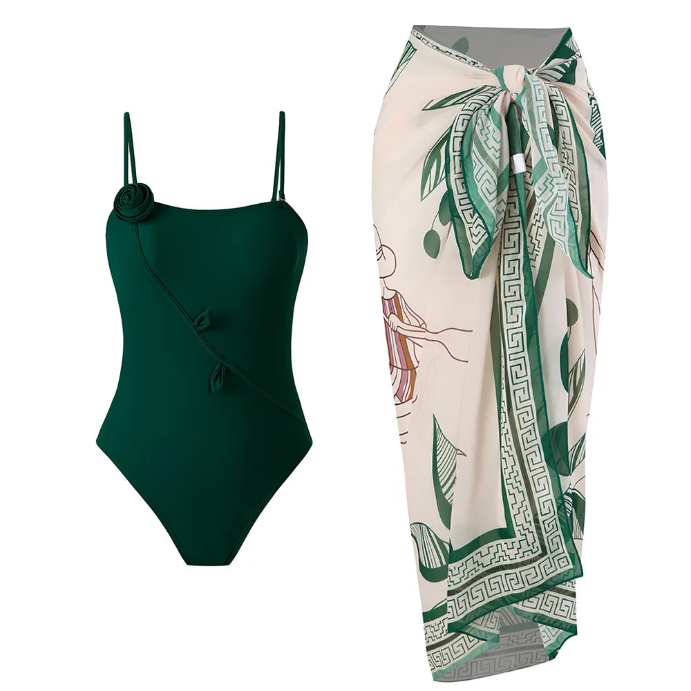 Hochwertiger Bademodenstoff Damen Print Sarong Badeanzug Strand Vertuschung Wickelrock Pareo 2-teiliger Bikini-Set Custom Logo Badeanzug