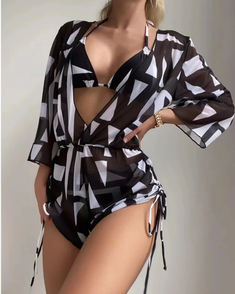 3 Piece Set Bikini New Summer Women Sexy Bikini Loose Beach Spaghetti Strap Bra Jumpsuit Suits Printed Swimwear Bikini