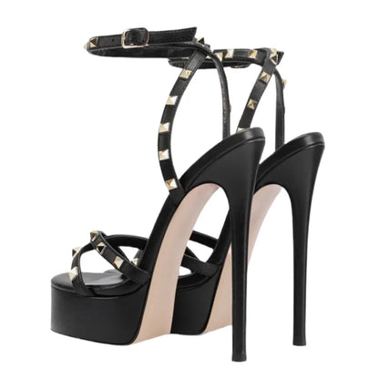 Large Size 45 Women's Metal Rivets Shoes Extreme High Heel Platform Sandals Summer Cross Straps Ladies Dancer Wide Fit Pumps