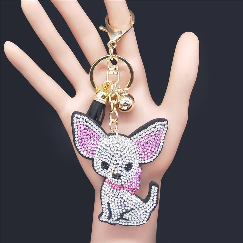 Moda Chihuahua Cane Portachiavi di Cristallo Borsa Accessori per Le Donne Color Oro Portachiavi Gioielli llaveros para mujer K2502S01