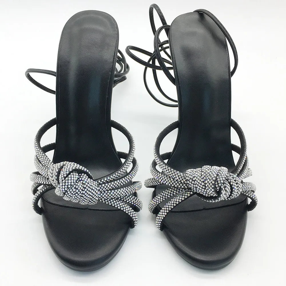 New Fashion Retro Roman Sexy High Heel Women Sandals Black Rhinestone Elegant Open Toe Lace-up Ankle Strap Thin Heels Summer
