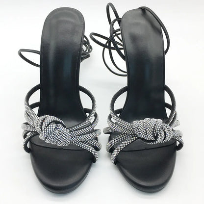 New Fashion Retro Roman Sexy High Heel Women Sandals Black Rhinestone Elegant Open Toe Lace-up Ankle Strap Thin Heels Summer