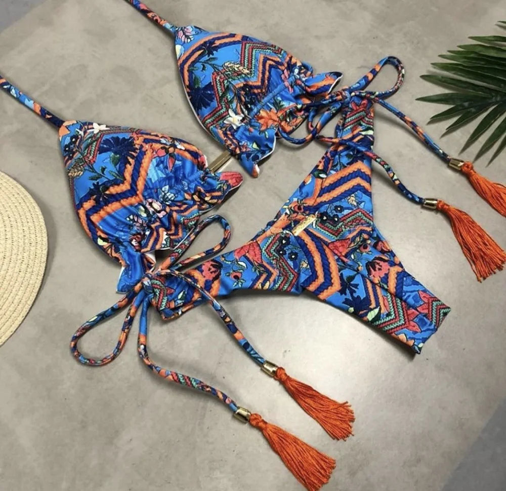 RUOTONGSEPT Sexy Micro Bikinis Set 2024 New Swimsuit Women Feather Print Bandage Swimwear Female Bathing Suit Brazilian Biquinis