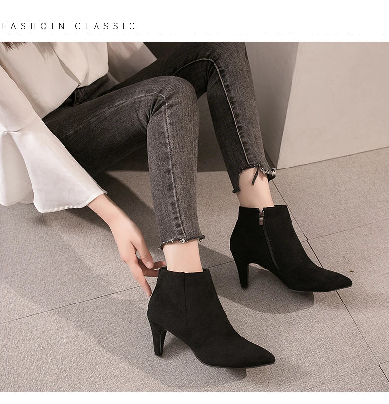 LazySeal 2025 New Luxury Leopard Women Boots Leather Winter Casual Shoes Hoof Heels Zip Pointed Toe Ankle Boots Big Size 43