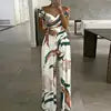 Summer Fashion Sexy Deep V-neck Jumpsuit Women's Short Sleeve Floral Digital Print Waist Trousers Jumpsuit