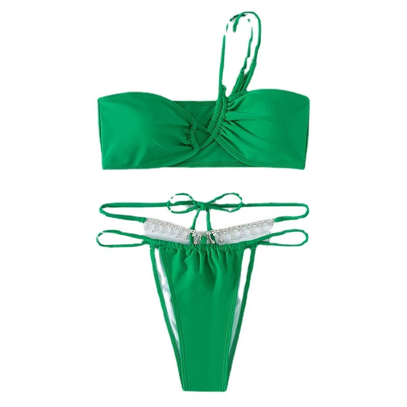 2023 Neue Badeanzüge Grün Strass Bademode Damen One Shoulder Sexy Bikini Bikinis & Strandmode OEM Digitaldruck Erwachsene Solid