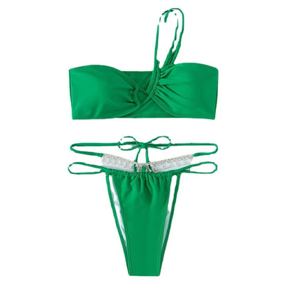2023 Neue Badeanzüge Grün Strass Bademode Damen One Shoulder Sexy Bikini Bikinis & Strandmode OEM Digitaldruck Erwachsene Solid