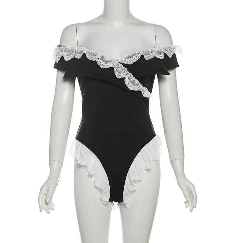 OUDINA Été Nouveau Contrasté Couture Dentelle Femme Haut Bodysuit Combinaison Combinaisons Bodysuits