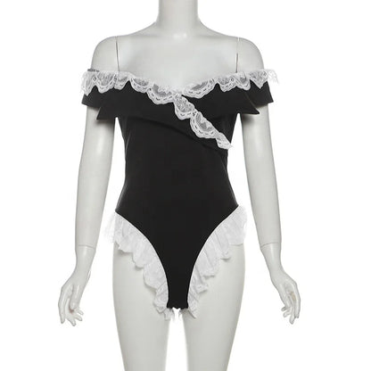OUDINA Été Nouveau Contrasté Couture Dentelle Femme Haut Bodysuit Combinaison Combinaisons Bodysuits