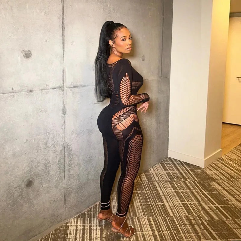 Neue Ankunft Damen Body Hohl Mittelhohe Taille Eng Große Größen Overalls Einfarbig Langarm Sexy Durchsichtiger Jumpsuit