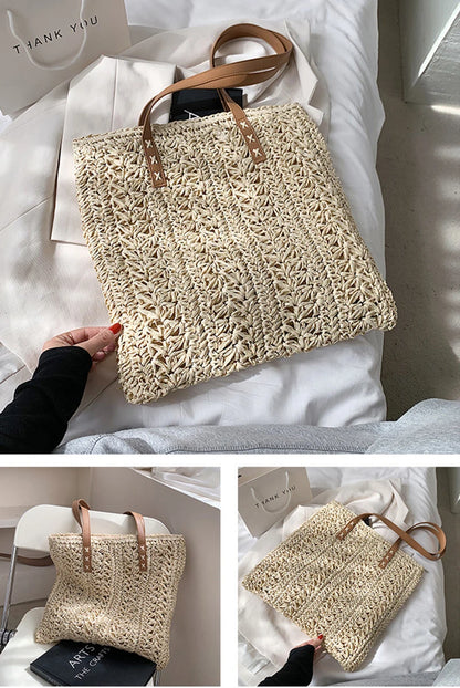 Borsa da spiaggia quadrata in paglia cava Borsa a tracolla intrecciata fatta a mano Borsa da viaggio per lo shopping in rafia in rattan Borsa casual per le vacanze estive bohémien