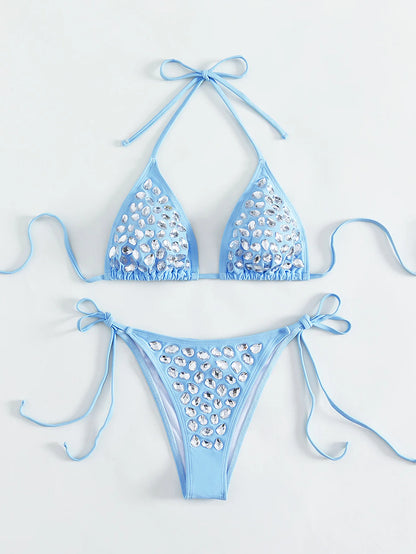 Recycled Manufacturing Company Biquinis Bikini &amp  Beach Wear Maillot De Bain Halter Rhinestone Swimsuit and Swimwear 2024