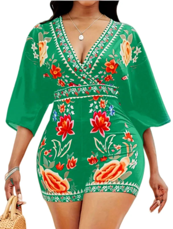 Green V-Neck Floral Print Batwing Sleeve Waist-Cinched Romper