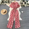 ANSZKTN Women's Summer Pant Set Short Sleeved Lattice Shirt Loose Wide-leg Trousers Printed High Waist Suit Jumpsuit