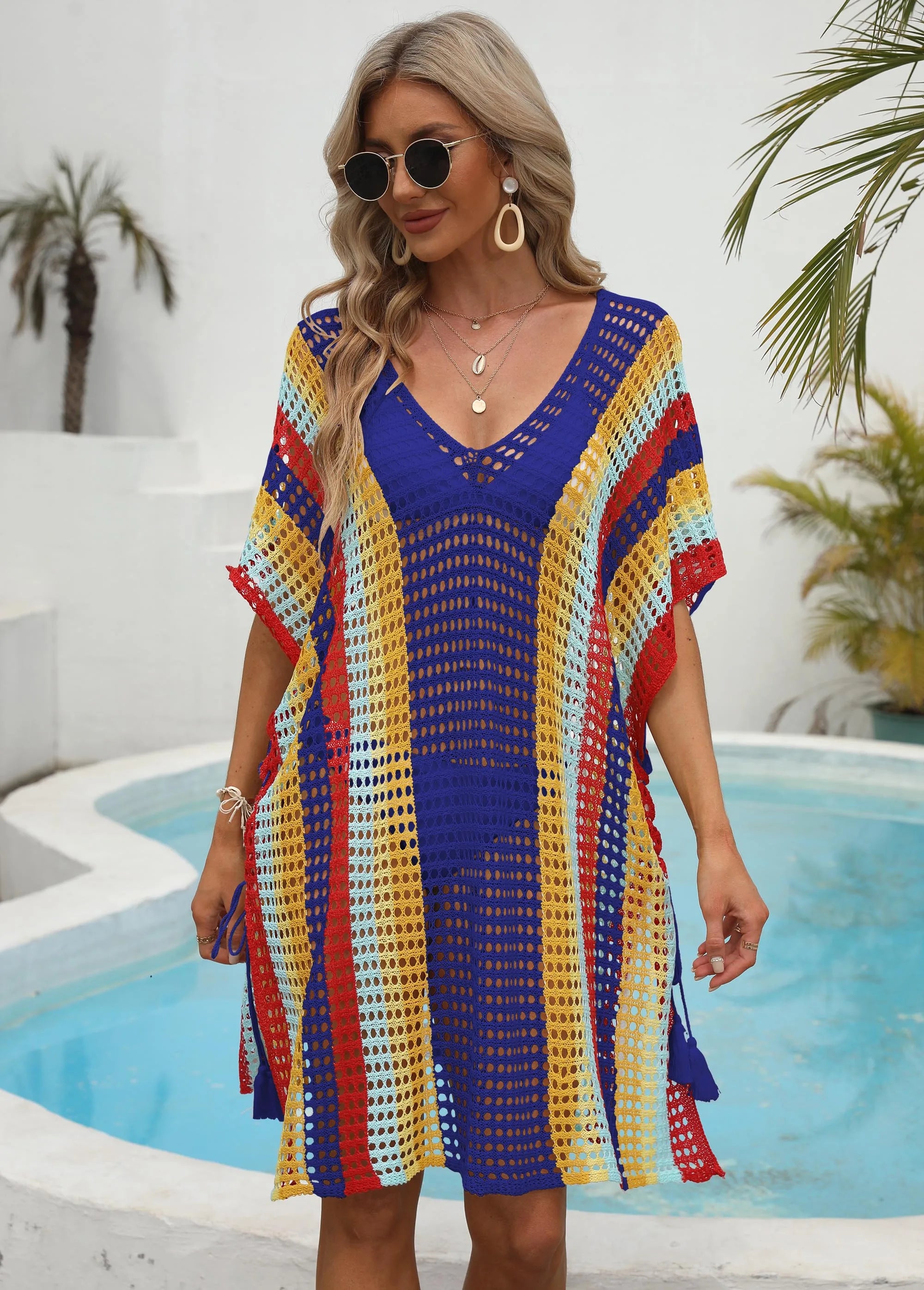 Manufacturer Custom Tunic Swimwear Cover V Neck Crochet Knitted Beach Wear Swimming Suit Bikini Kimono Beach Dress for Women