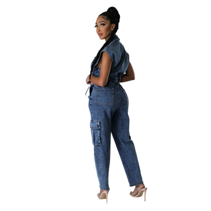 6983 Printemps Décontracté Col rabattu Sans manches Poche Ceinture Combinaison en jean coupe droite et ample Toile Lavé Séchage rapide