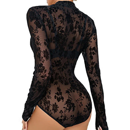 Combinaison noire rétro automne Y2k à manches longues ajourées en maille transparente avec broderie sexy en dentelle pour femme