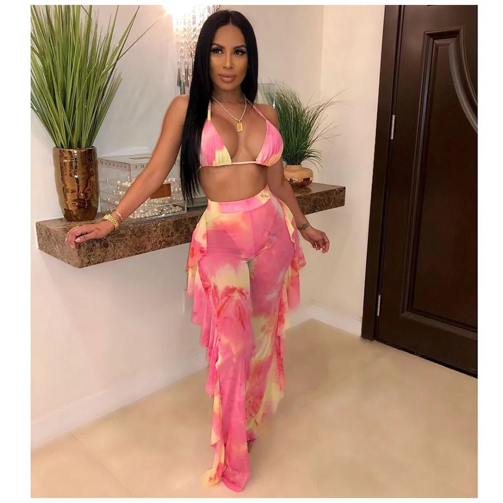 Summer Night Club Bikini Halter Sexy Swimsuits for Women 2Pcs Sheer Sexy 2025 Women Long Pant Bathing Suits