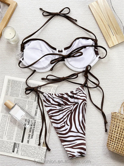 Two Piece Sexy Underwire Push up Bikini Zebra Casual Swimwear Girls Luxury Beachwear