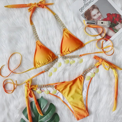 2024 Neuer sexy Bandage-Gradienten-Druck Frauen-Split-Badeanzug Luxus Kristall-Diamant-Bikini Muschel-Badeanzug Schmuck-Bademode