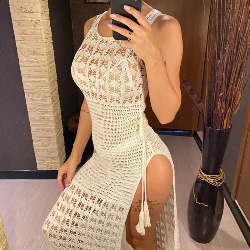 Sexy Tassel Bikini Blouse Women's Long Hollow Solid Color Round Neck Sleeveless Dress Swimsuit Outside Wholesale