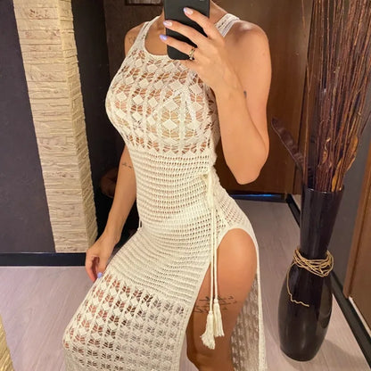Sexy Tassel Bikini Blouse Women's Long Hollow Solid Color Round Neck Sleeveless Dress Swimsuit Outside Wholesale