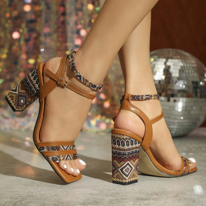 Women's Vintage Brown Woven Square-toe High Heel Sandals Fashion High Top Design for Summer Outdoor Adventures Height Increasing