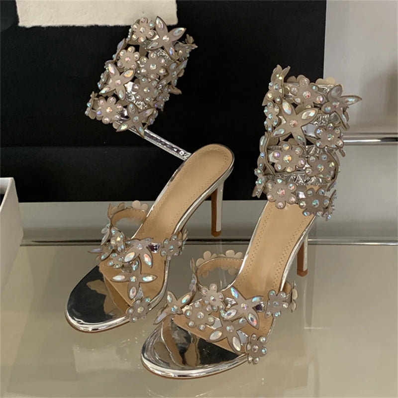Customized Women's High Heel Peep Toe Ankle Strap Sandals Sparkling Crystal Butterfly Design Fashion Trend for Summer Parties