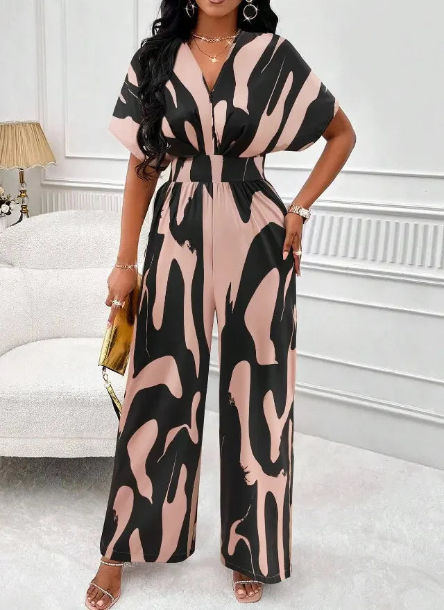 2025 Fashion Frühling Sommer Neue High Waist Kurzarm Jumpsuits Weites Bein Hosen Overalls Damen Bedruckter Sommer Lockerer Jumpsuit