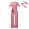 D509 Latest Design Sexy Lace Jumpsuit for Women Hollow Out Short Sleeve Tie up High Waist Wide Leg Jumpsuits for Ladies