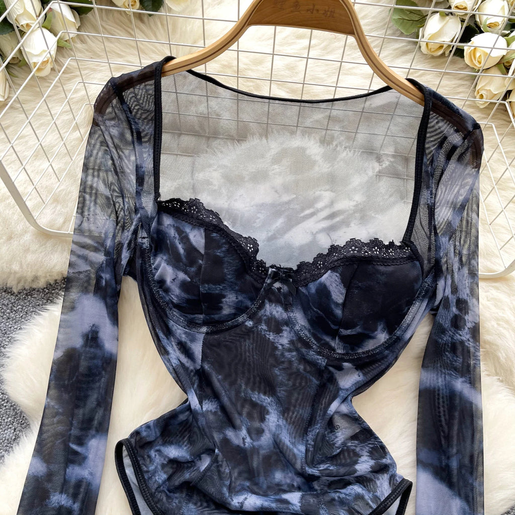 Herbst Sexy Quadratischer Kragen Slim Overall Für Damen Langarm Hohe Taille Mesh Bodysuit Großhandel