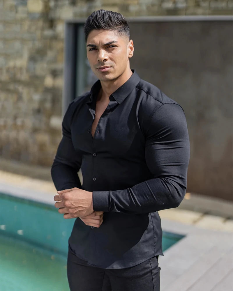 Camicia a maniche lunghe moda autunno uomo camicia super slim fit maschile casual da lavoro sociale camicia da uomo di marca abbigliamento sportivo fitness