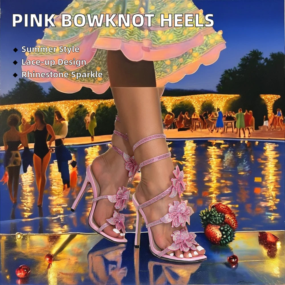 Damen Rosa Schleifensandalen mit Strassabsatz Schnür-Brautsandalen Absatzschuhe