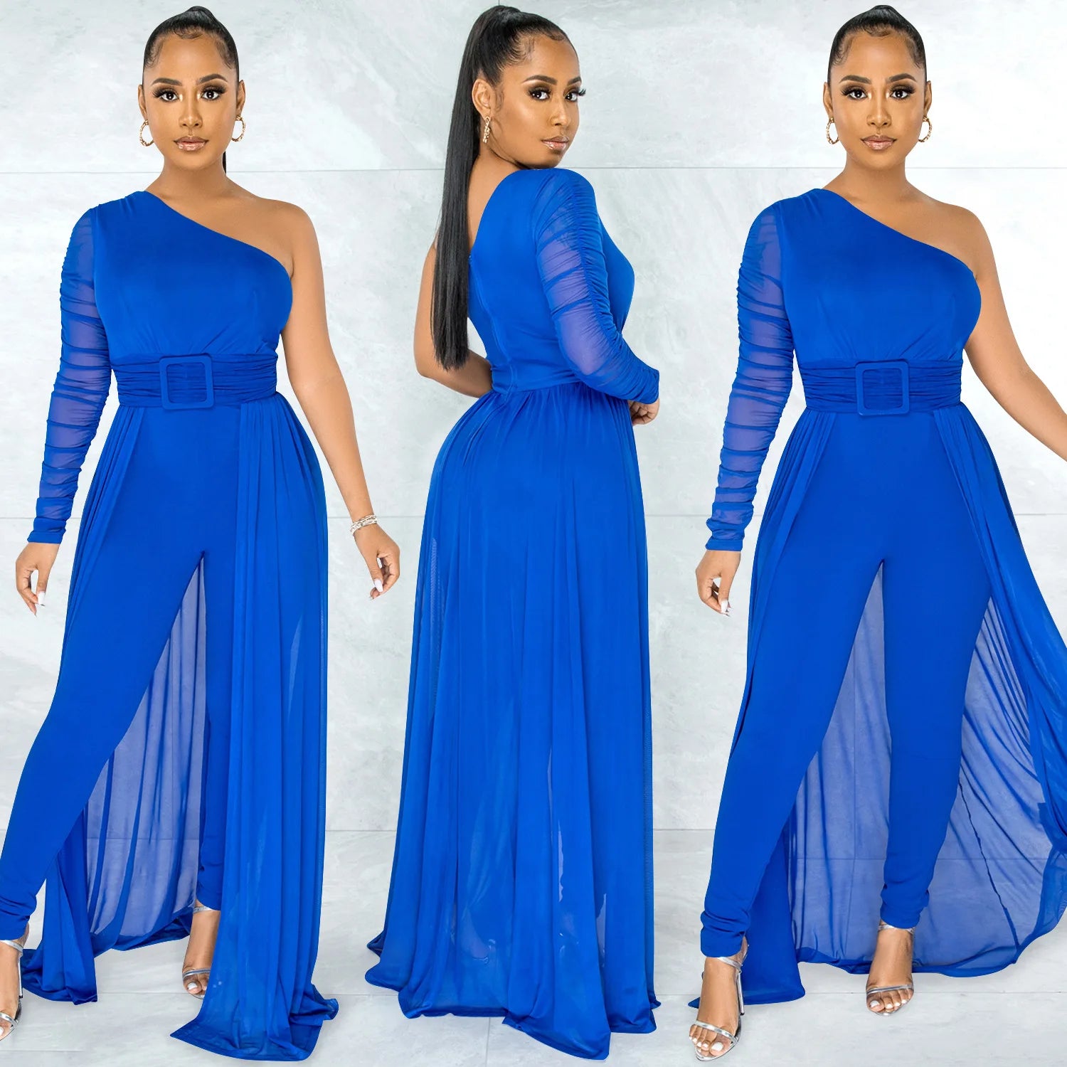 Hot Selling Women's Sexy One-Shoulder Satin Jumpsuit with Long Pants Breathable Mesh for Parties