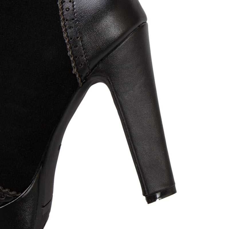 REAVE CAT Ankle Boots Lace Up Flock Platforms Round Toe Block Heel Short Plush Black Yellow Grey A4506