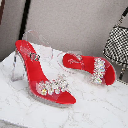 Fashion Women's Summer Open Toe PU Dress Sandals 11CM Black High Heels Waterproof Platform Flat Heeled Sexy Height Increasing