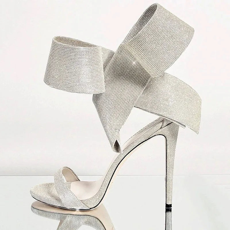 Sandales à talon aiguille en satin avec grand nœud, pour femme, chaussures 2021