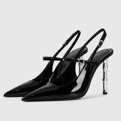 Big Size 45 Women Patent  High Silver Heels Sandals Summer Pointed Toe Back Strap Shoes Single Band Dress Stiletto Slingback