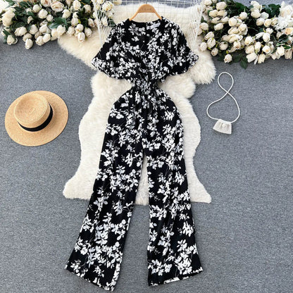 ANSZKTN Women's Summer Pant Set Short Sleeved Lattice Shirt Loose Wide-leg Trousers Printed High Waist Suit Jumpsuit