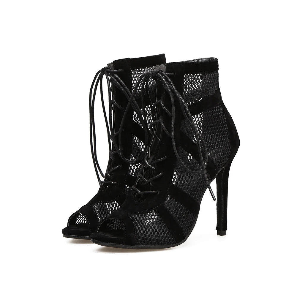 Bottes de danse latine de haute qualité en maille noire et daim, sandales sexy à lacets et talons hauts, fabriquées en usine.