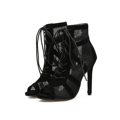Bottes de danse latine de haute qualité en maille noire et daim, sandales sexy à lacets et talons hauts, fabriquées en usine.