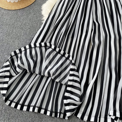 Temperament V-neck Chiffon Stripe Waist Throwing Leggings Summer New Sleeveless Jumpsuit Women's Wide Leg Jumpsuit
