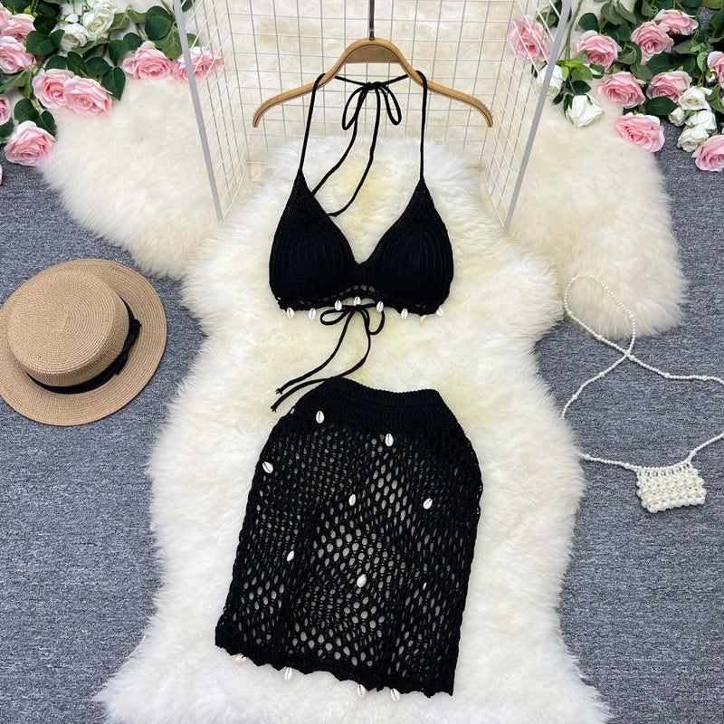 Damen Sommer Bademode Strand Sonnenbaden Muschel Bikini Set Stilvolle einfarbige Neckholder Hohler Strickrock