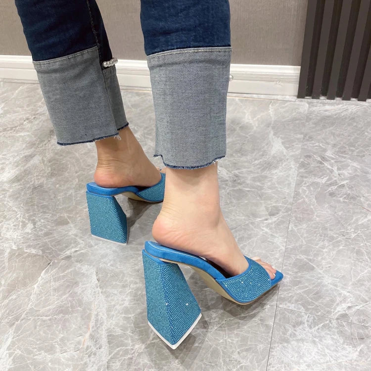 Eilyken Pantofole estive con tacco spesso a triangolo CRISTALLO Pantofole da donna sexy da strada con punta quadrata Scarpe da festa Taglia 35-41