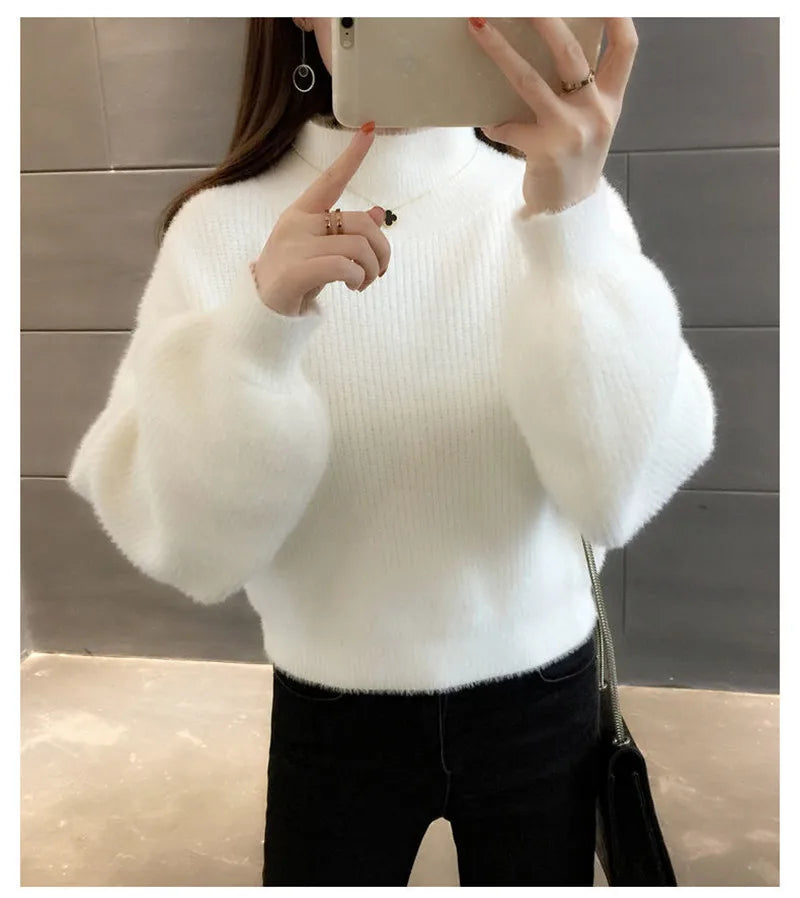Autunno/Inverno Donna Maglione Pullover Nuovo Mezza Dolcevita Manica Lanterna Maglione Corto Imitazione Visone Pile Maglia Maglione Top